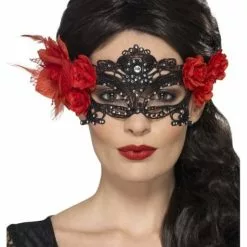 Sort Maskerade Maske Med Rød Blomst Til Kvinder